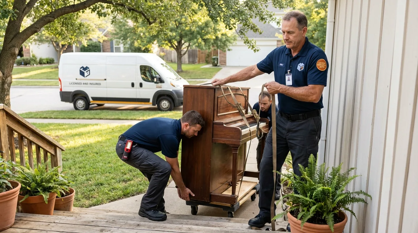 Licensed piano movers securing grand piano in Waverly, NY