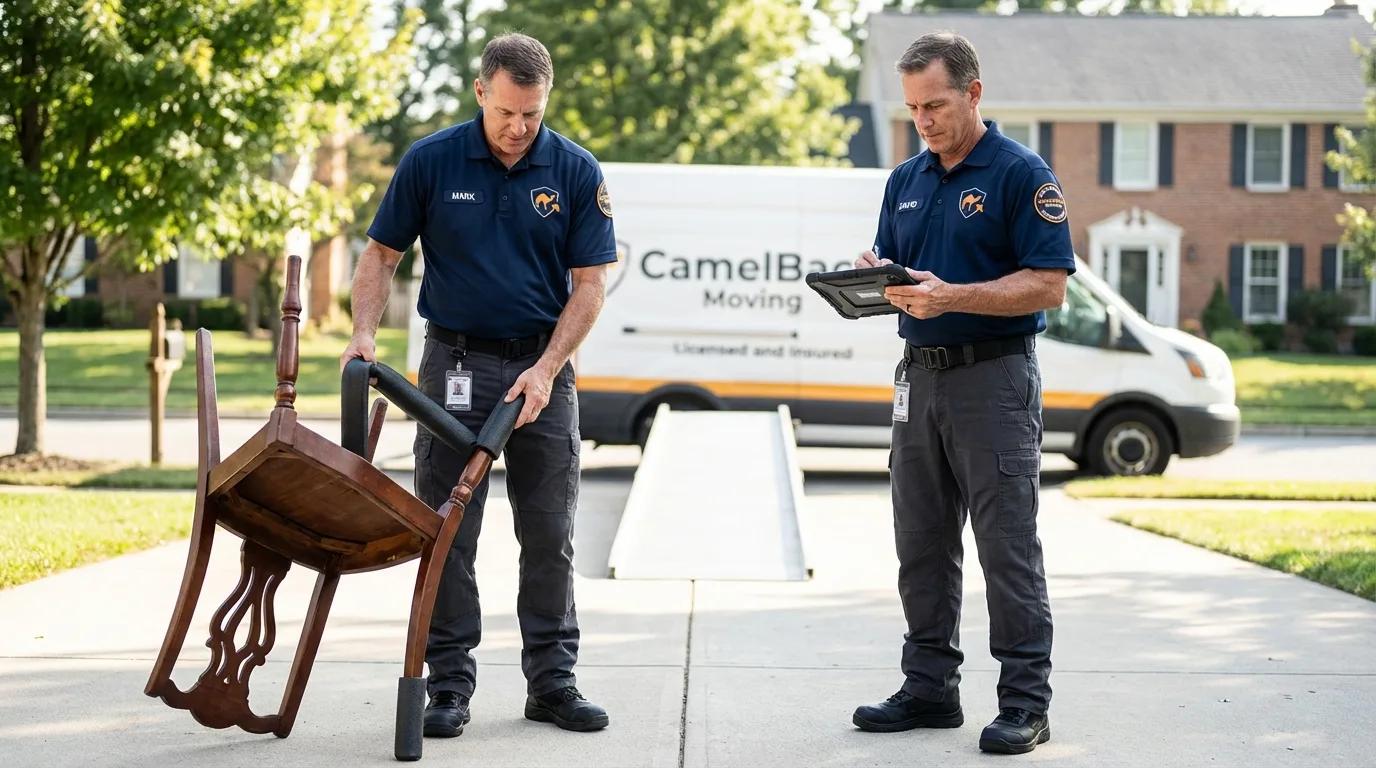 Movers inspecting furniture for damage prevention before loading in Waverly, NY