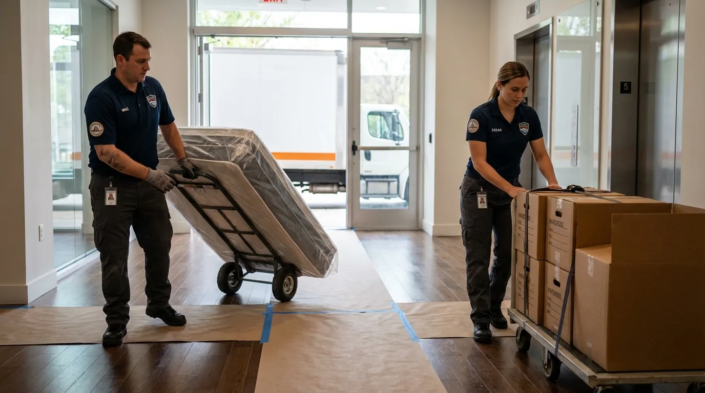 Professional apartment movers loading elevator in Waverly, NY